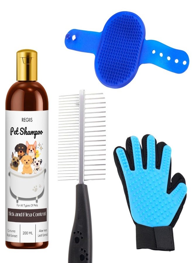 مجموعة العناية بالحيوانات الأليفة مع شامبو لمكافحة القراد والبراغيث، 200 مل، وقفاز أزرق لإزالة الشعر الزائد، ومجموعة فرشاة للكلاب والقطط (عبوة من 4 قطع) - Image 1